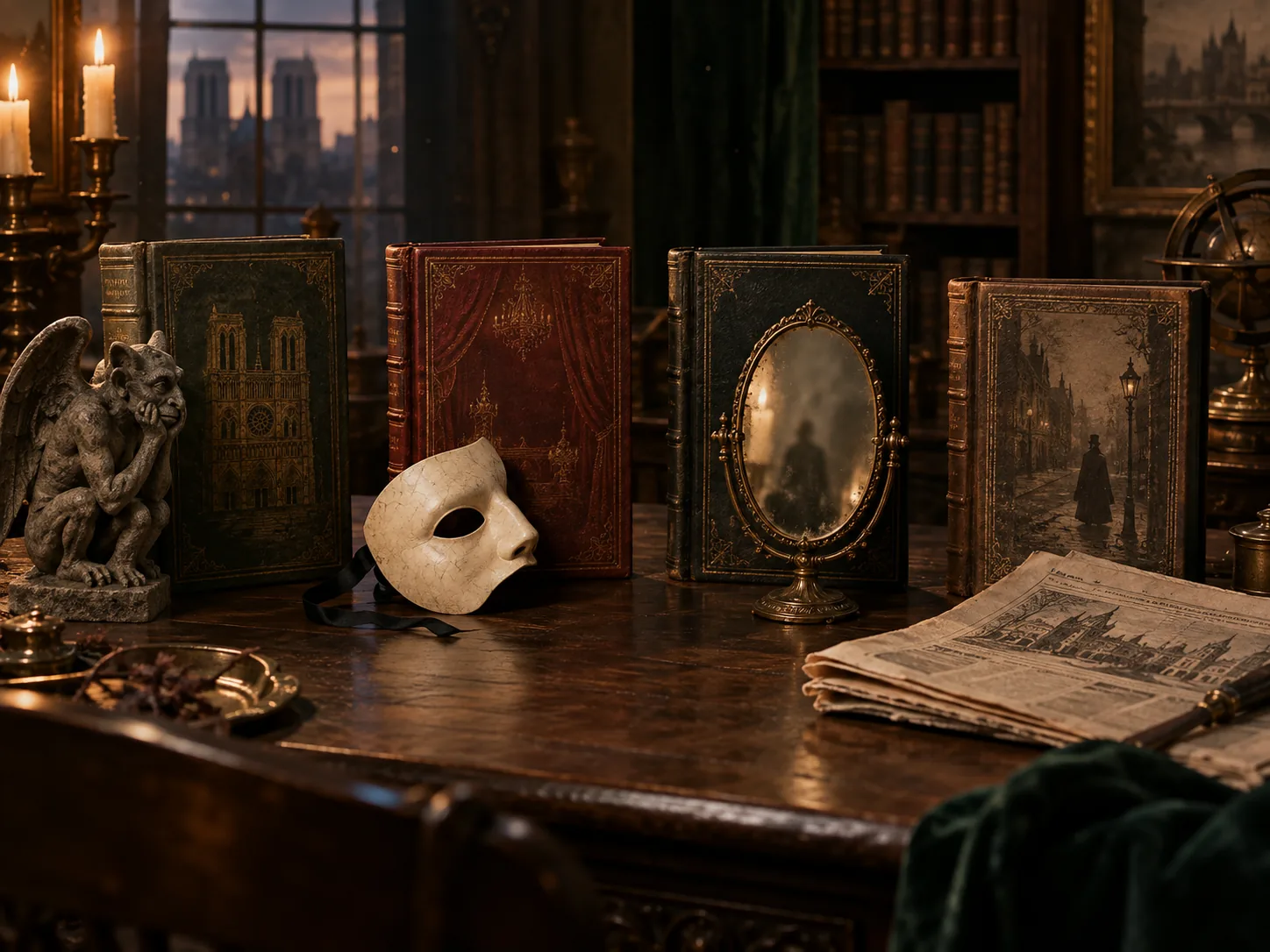 Illustration créée pour cette page : une cathédrale, un masque d’opéra, un miroir et des livres pour évoquer les quatre œuvres