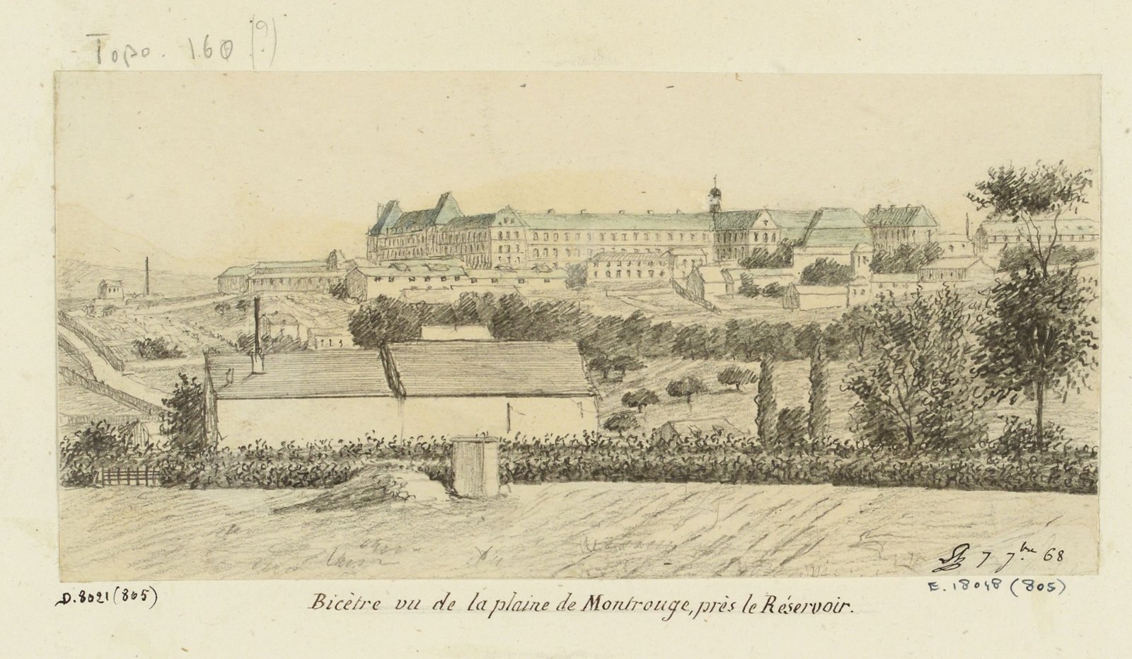 Vue de Bicêtre depuis la plaine de Montrouge, dessin de Léon Leymonnerye daté de 1868