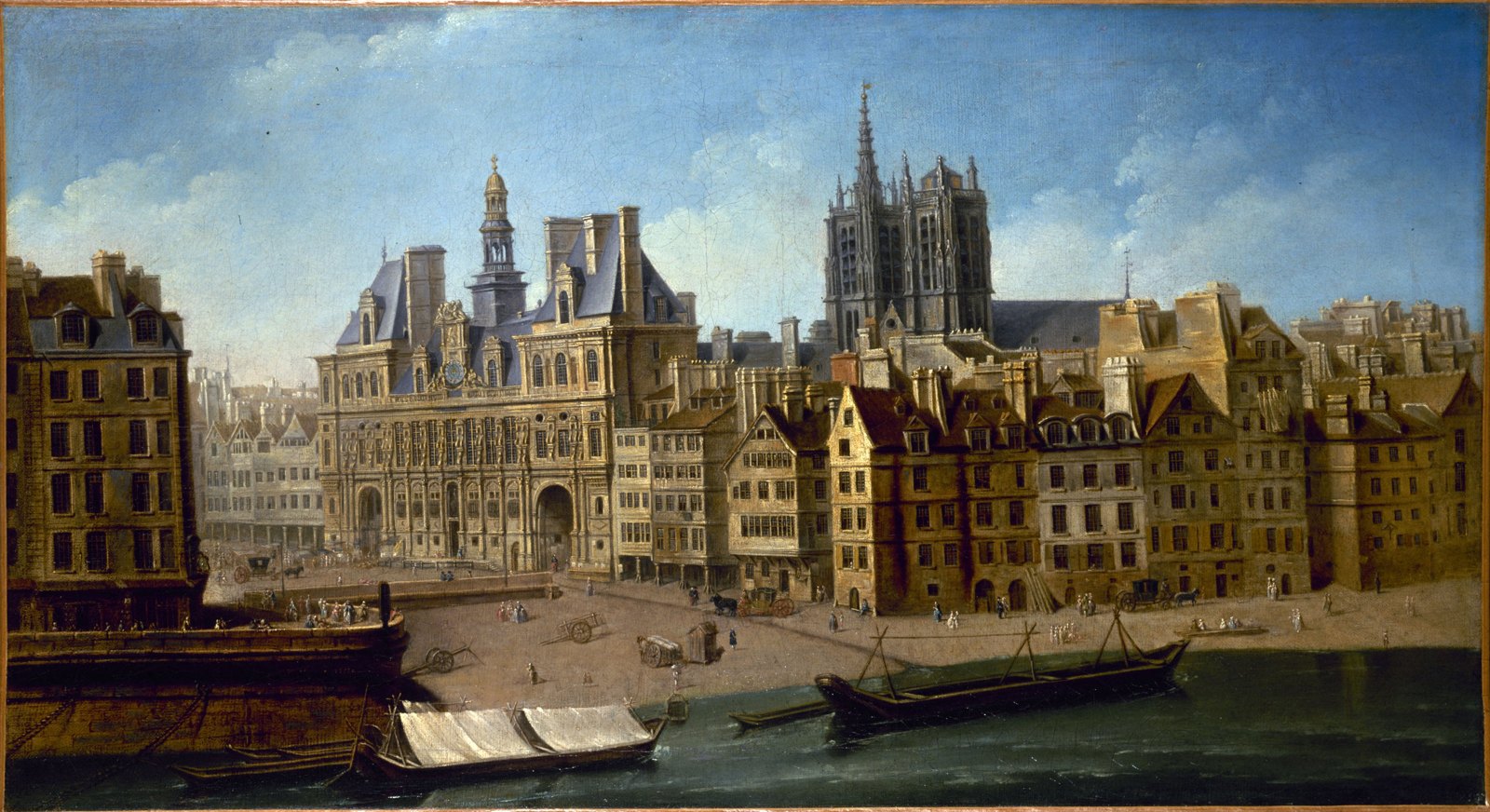 L’ancien Hôtel de Ville et la place de Grève animée de passants, peints par Nicolas Raguenet en 1751