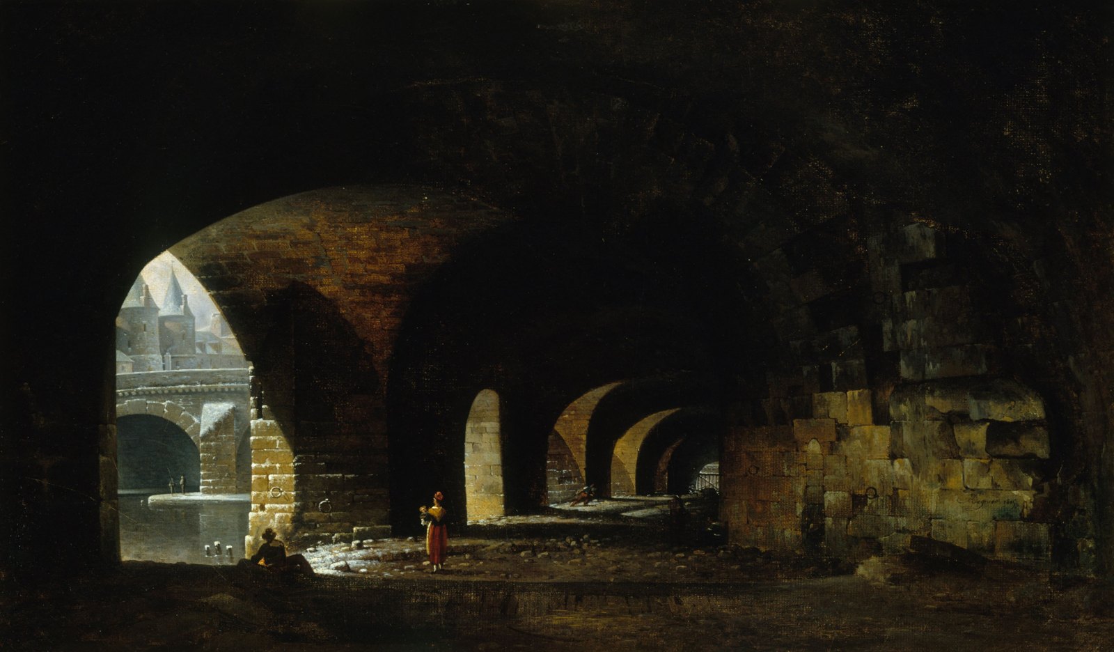 Voûtes de l’ancien quai de Gesvres ouvertes sur la Seine, dans une peinture d’Auguste Régnier de 1815