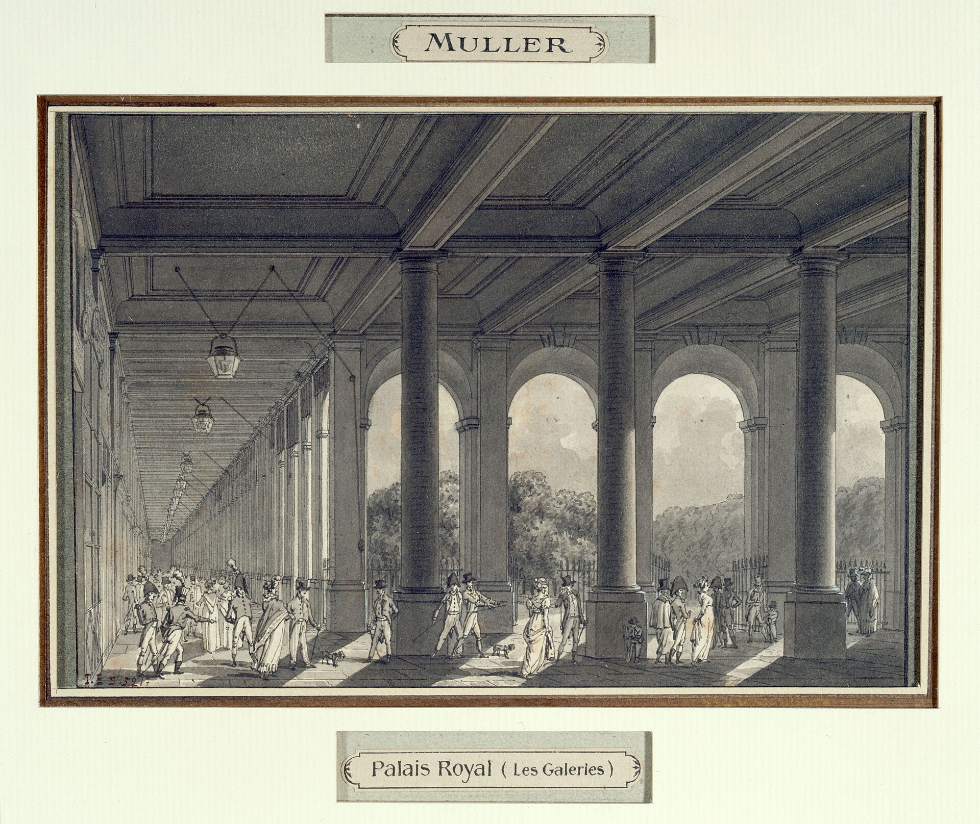 Dessin ancien d’une galerie du Palais-Royal