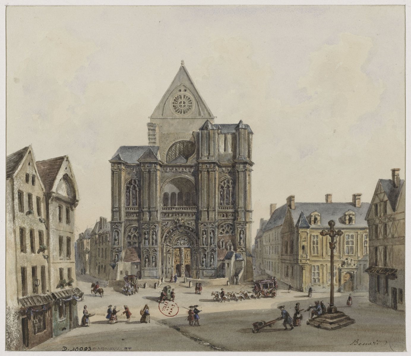 Dessin ancien de l’église Saint-Eustache et de la place alentour