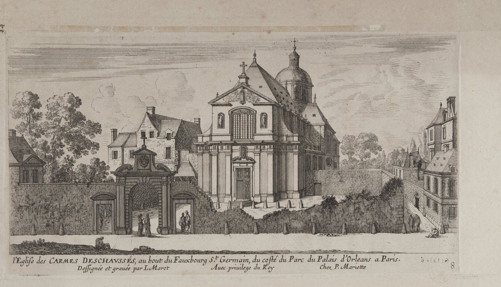 Gravure ancienne de l’église et du couvent des Carmes déchaussés