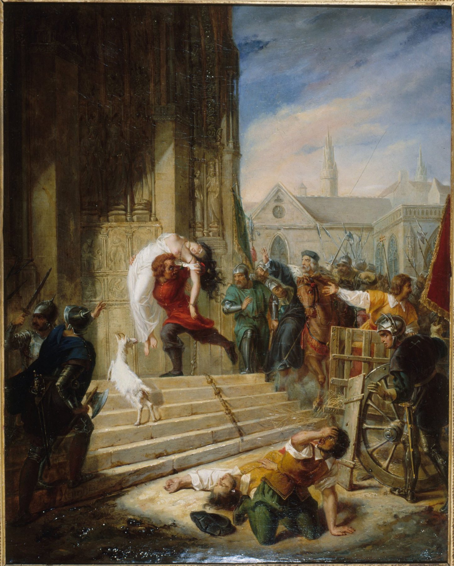 Peinture montrant Quasimodo portant Esmeralda vers Notre-Dame