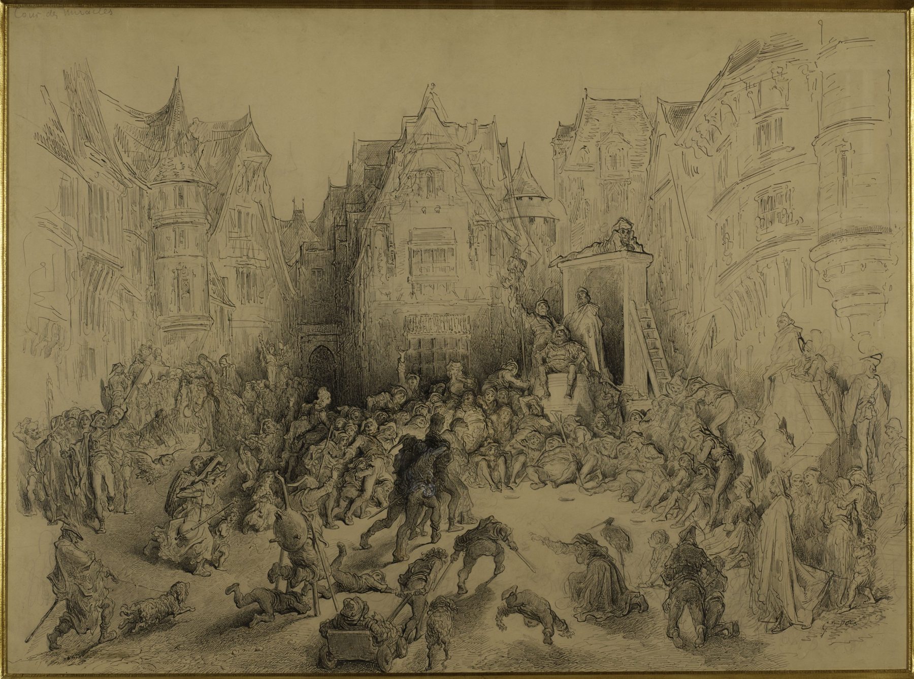 Dessin de Gustave Doré représentant une foule dans la Cour des Miracles