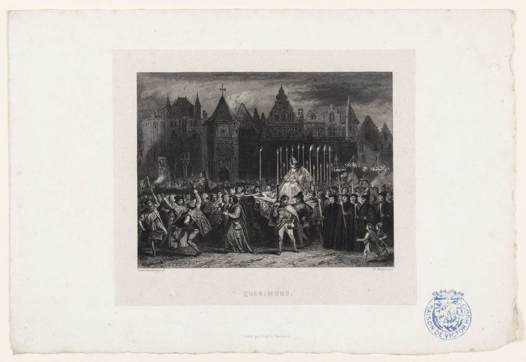 Illustration ancienne montrant la procession de Quasimodo, pape des fous
