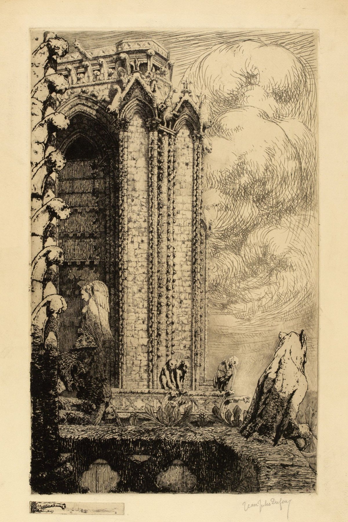 Gravure de la tour de Notre-Dame entourée de sculptures fantastiques